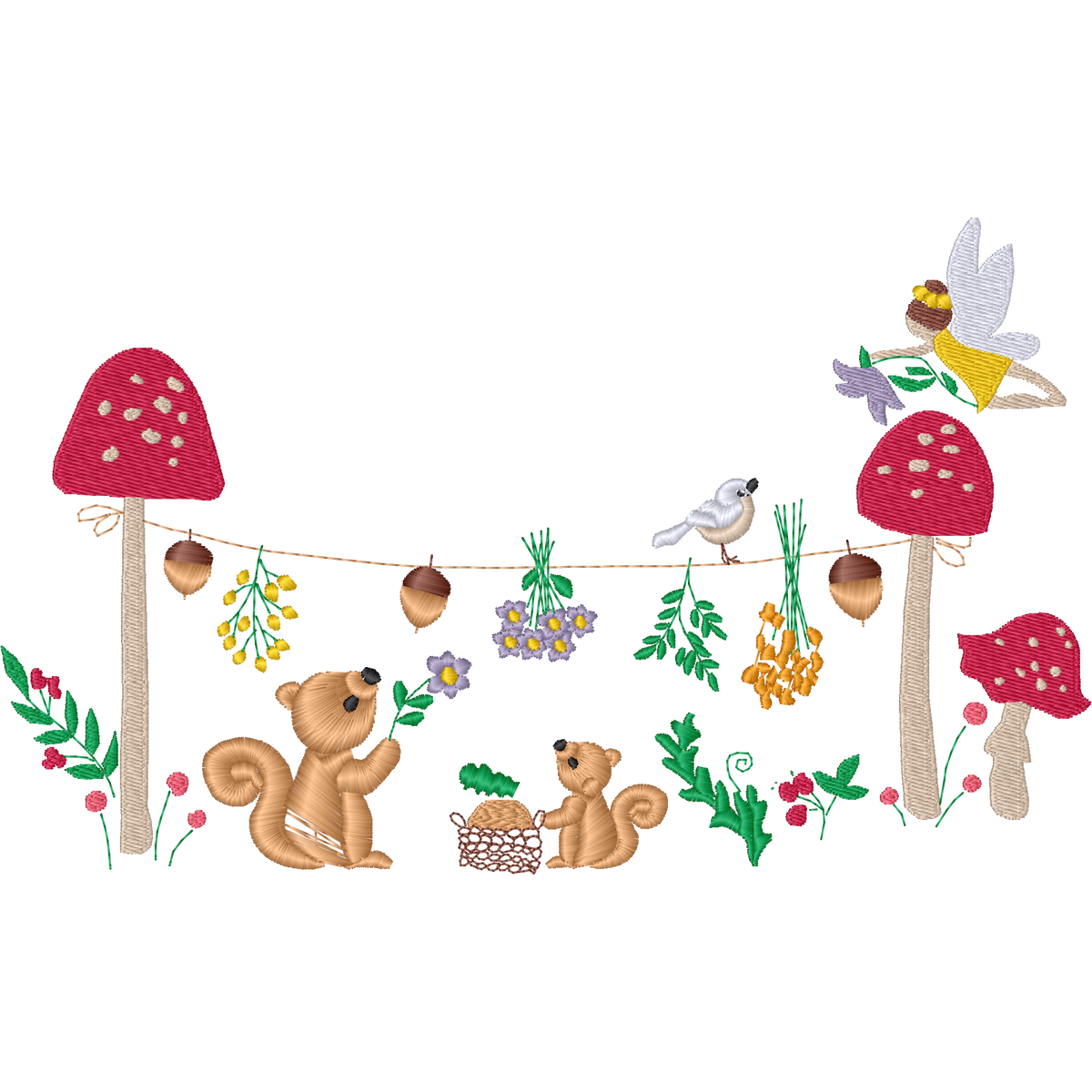 Woodland Animals and Mushrooms machine embroidery stitch preview