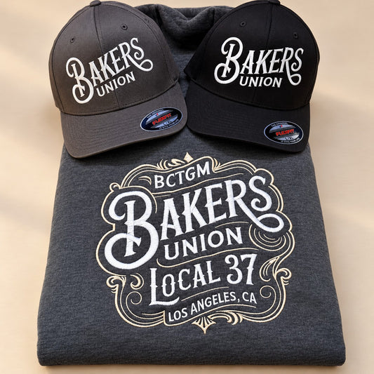 Custom embroidered union logo on a sweatshirt and matching caps