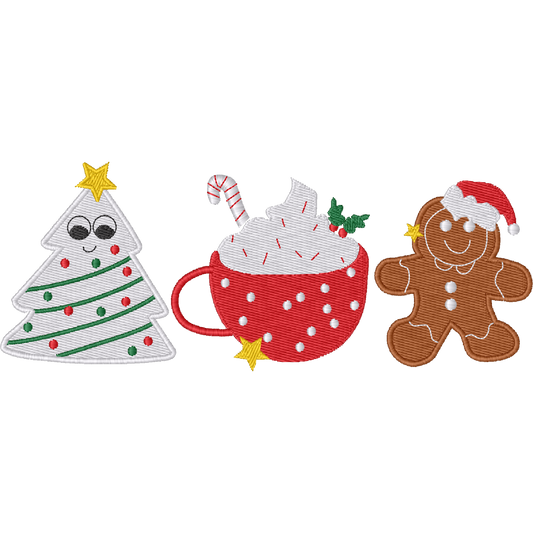 Christmas Tree, Cocoa and Gingerbread machine embroidery design stitch preview