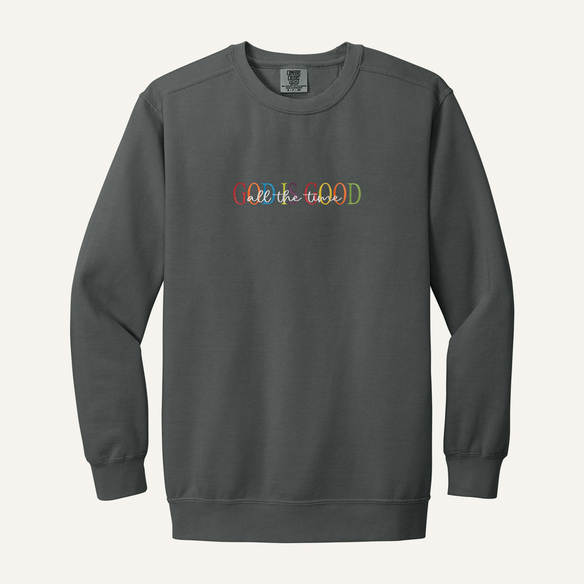 God Is Good Embroidered Sweatshirt – Comfort Colors Crewneck in Pepper
