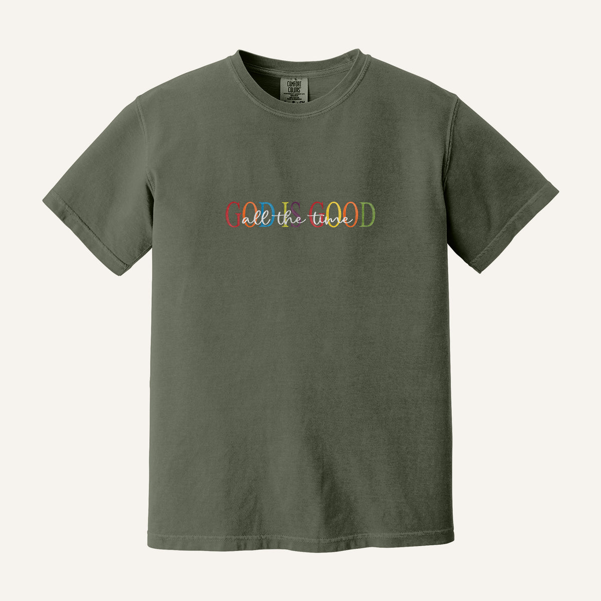 God Is Good Embroidered Sweatshirt – Comfort Colors Tee in Moss
