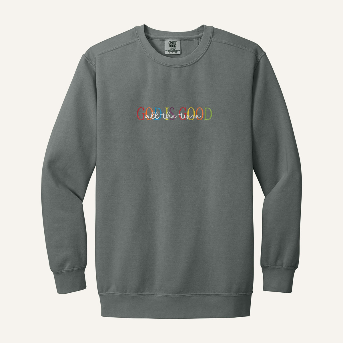 God Is Good Embroidered Sweatshirt – Comfort Colors Crewneck in Grey