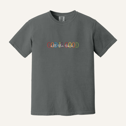 God Is Good Embroidered Sweatshirt – Comfort Colors Tee in Pepper