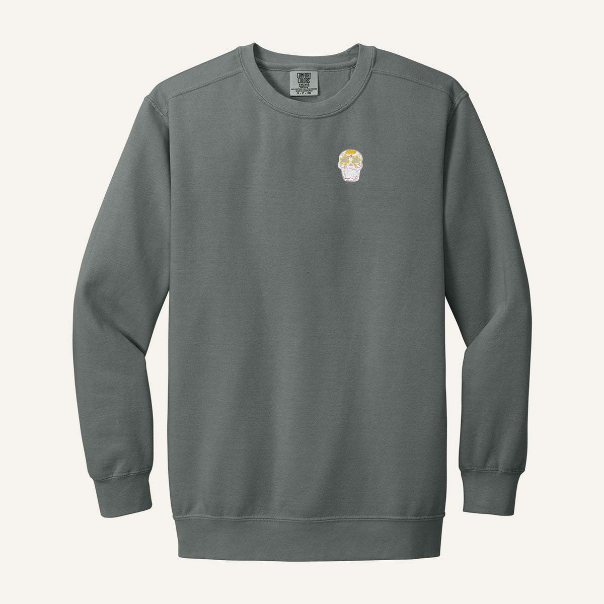 Sugar Skull Embroidered Tee – Comfort Colors Crewneck in Grey