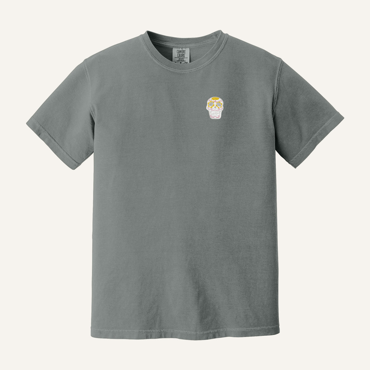Sugar Skull Embroidered Tee – Comfort Colors Tee in Grey