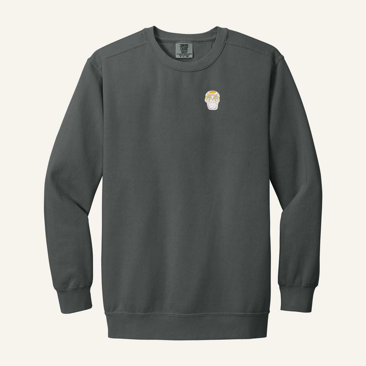 Sugar Skull Embroidered Tee – Comfort Colors Crewneck in Pepper