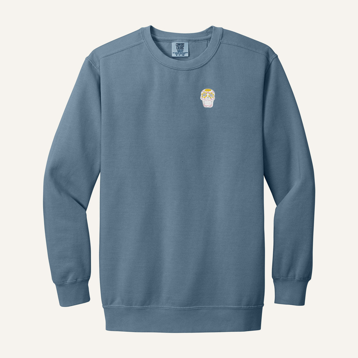 Sugar Skull Embroidered Tee – Comfort Colors Crewneck in Blue Jean