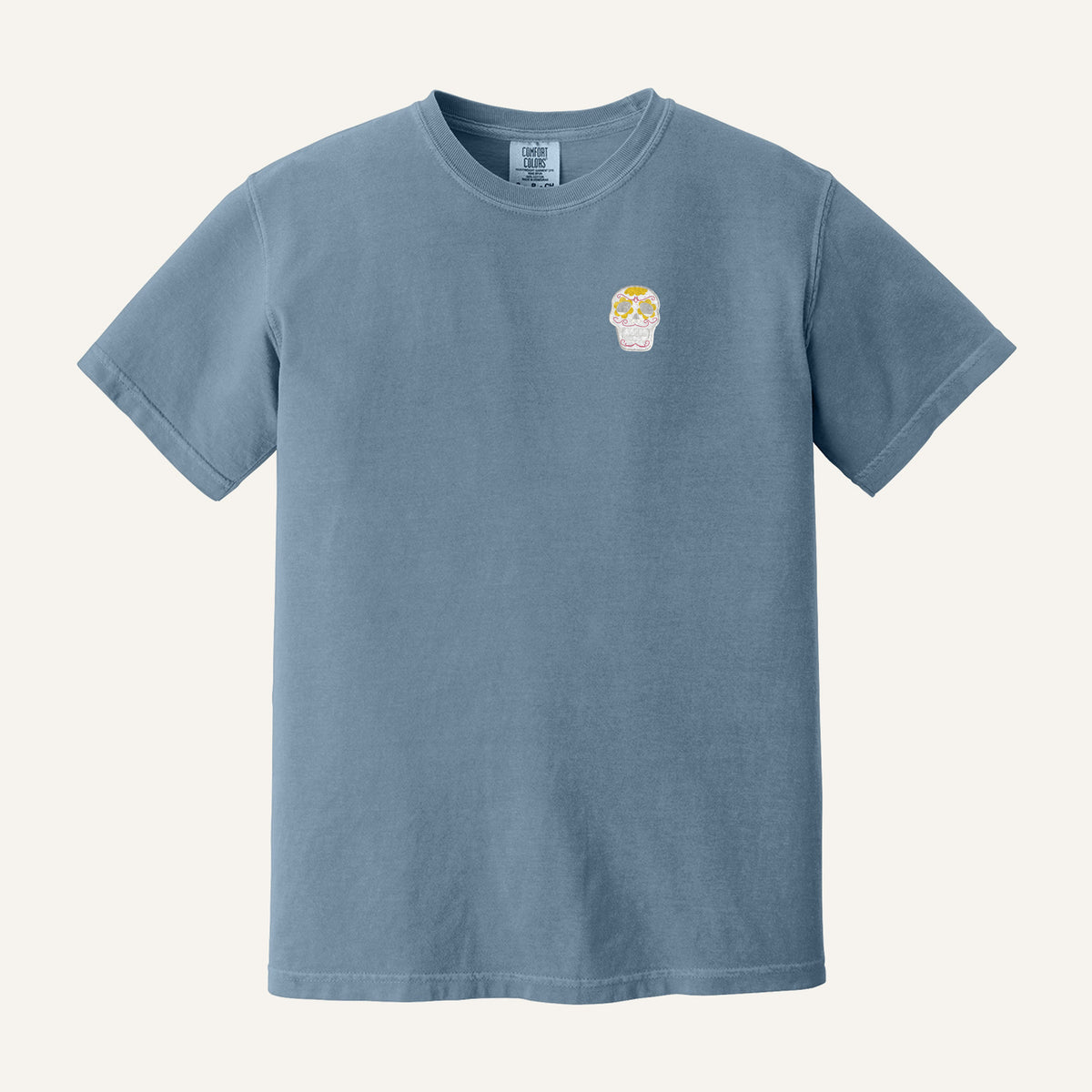 Sugar Skull Embroidered Tee – Comfort Colors Tee in Blue Jean