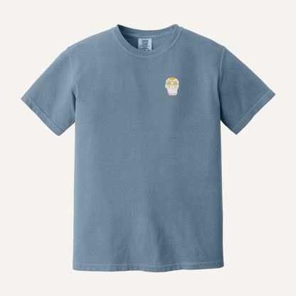 Sugar Skull Embroidered Tee – Comfort Colors Tee in Blue Jean