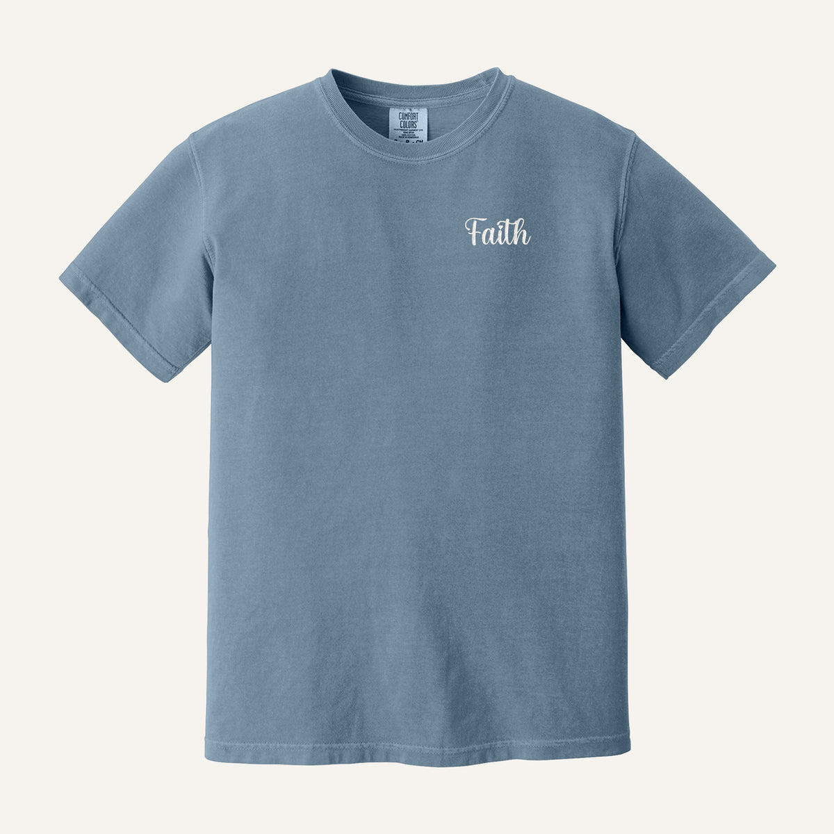 Faith Script Embroidered Sweatshirt – Comfort Colors Tee in Blue Jean