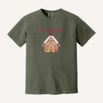 Gingerbread House Embroidered Sweatshirt – Comfort Colors Tee in Moss