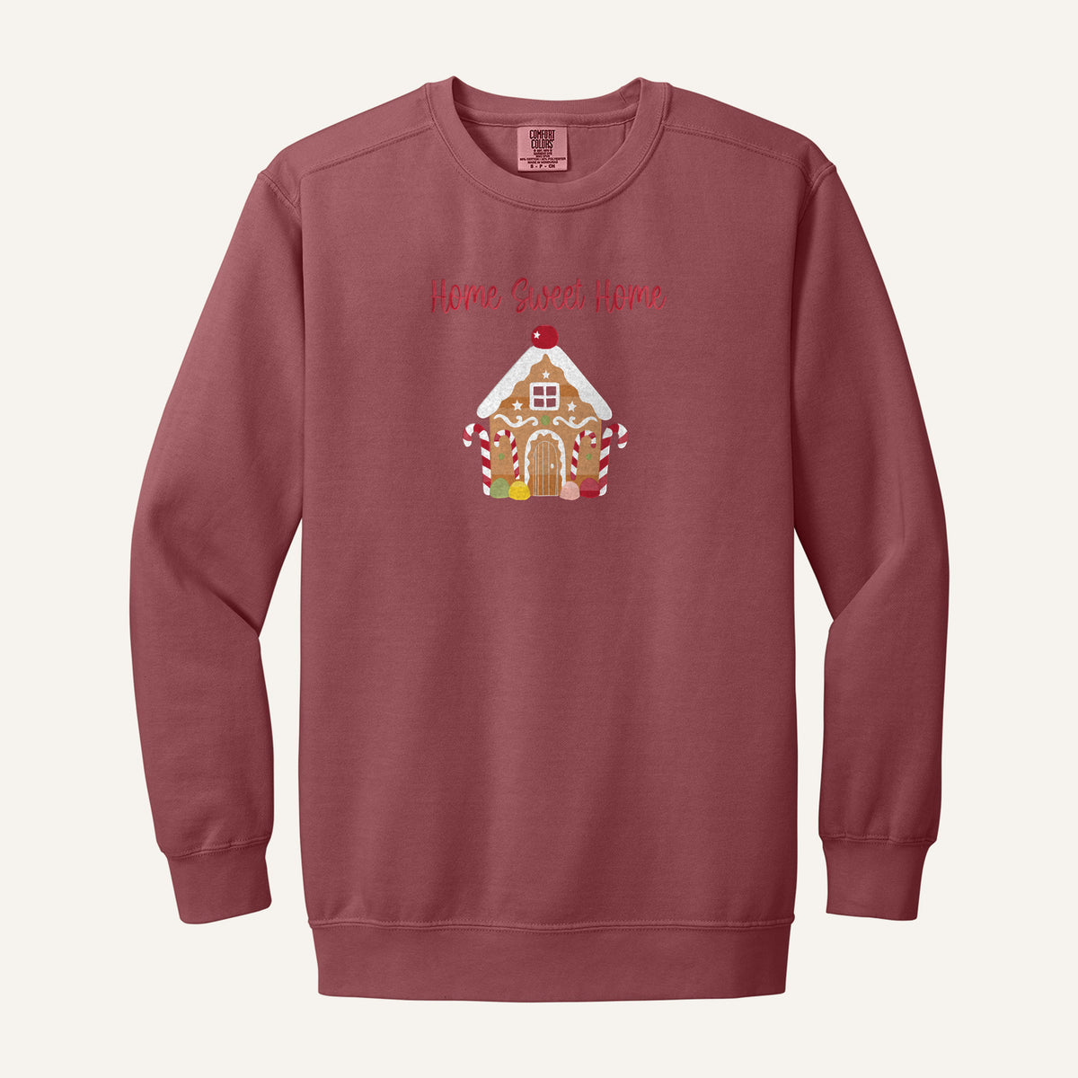 Gingerbread House Embroidered Sweatshirt – Comfort Colors Crewneck in Crimson