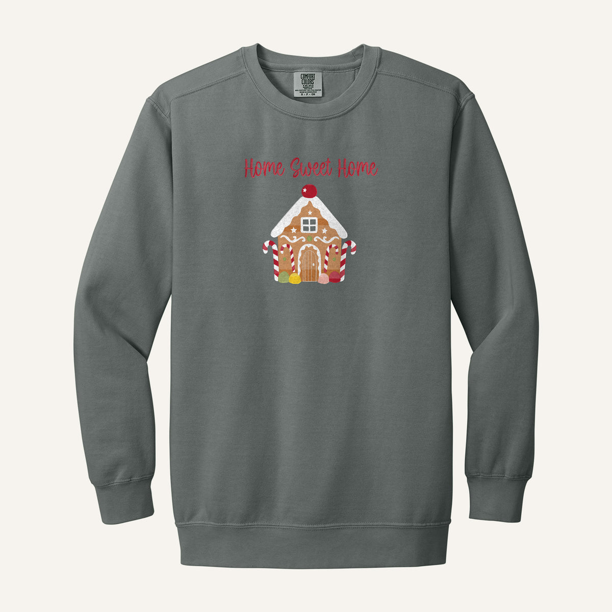 Gingerbread House Embroidered Sweatshirt – Comfort Colors Crewneck in Grey