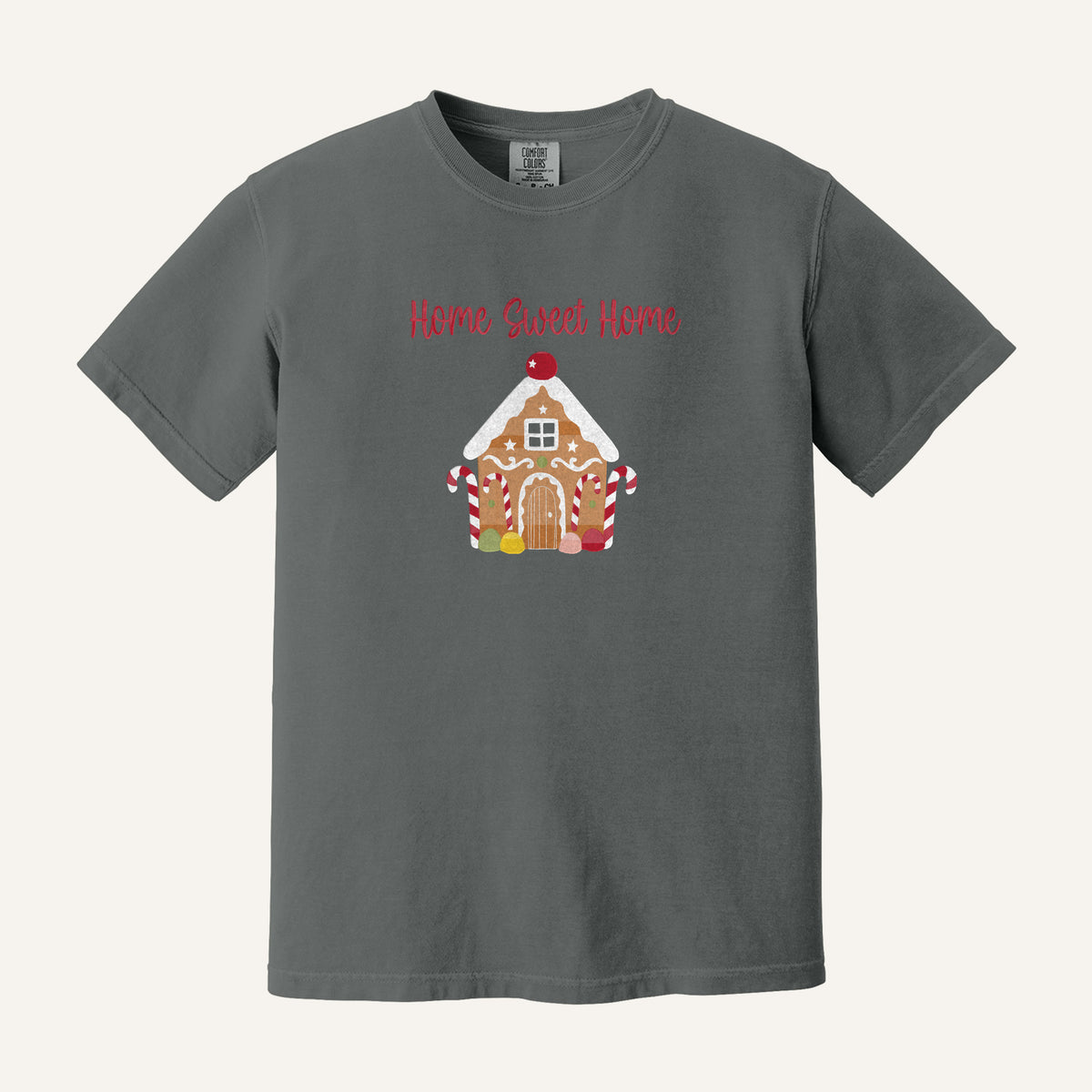 Gingerbread House Embroidered Sweatshirt – Comfort Colors Tee in Pepper