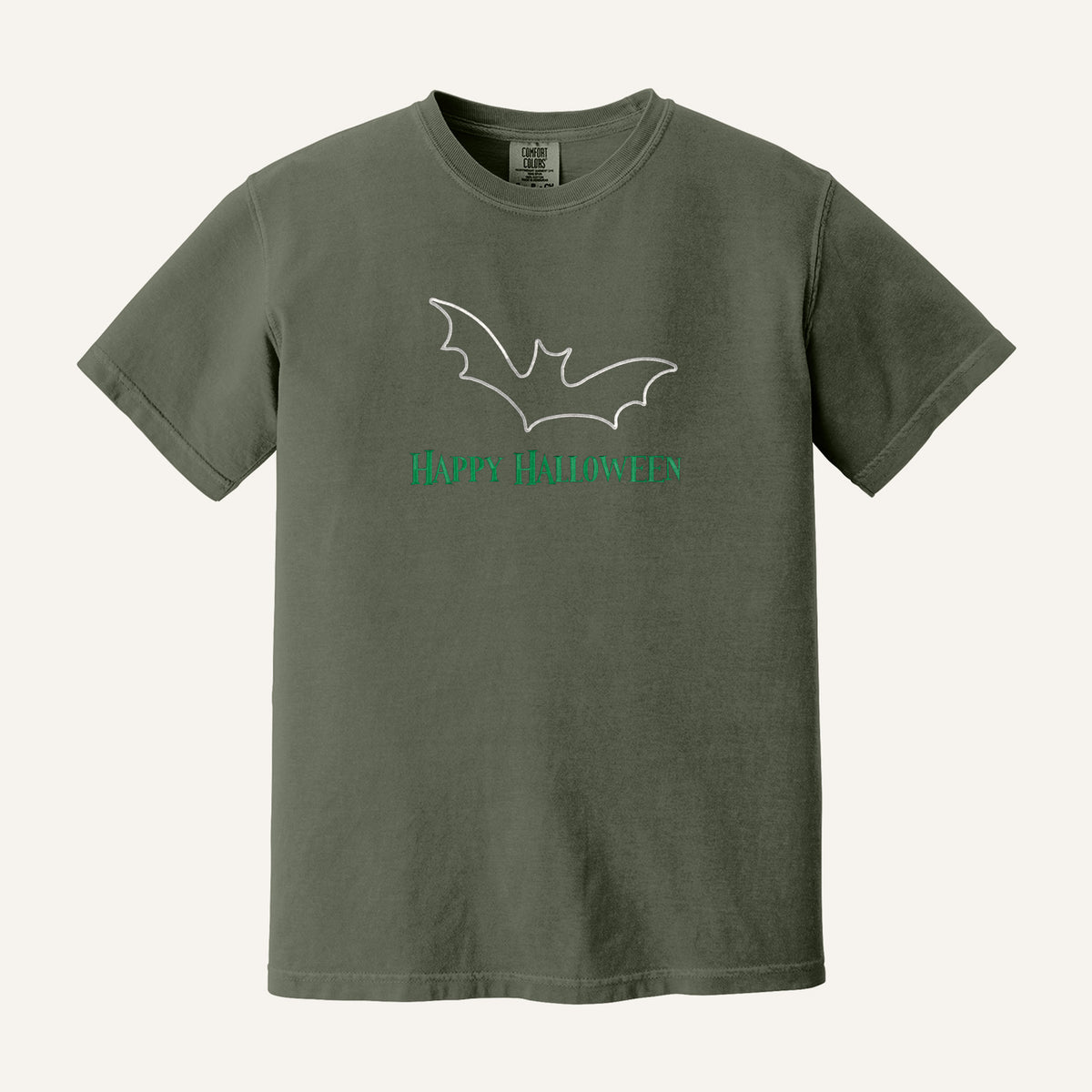 Happy Halloween Bat Embroidered Sweatshirt – Comfort Colors Tee in Moss