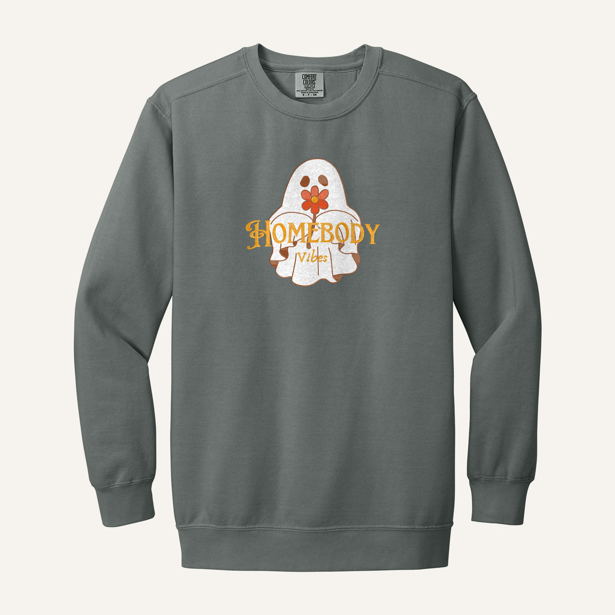 Homebody Vibes Ghost Embroidered Sweatshirt – Comfort Colors Crewneck in Grey