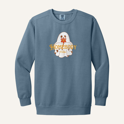 Homebody Vibes Ghost Embroidered Sweatshirt – Comfort Colors Crewneck in Blue Jean
