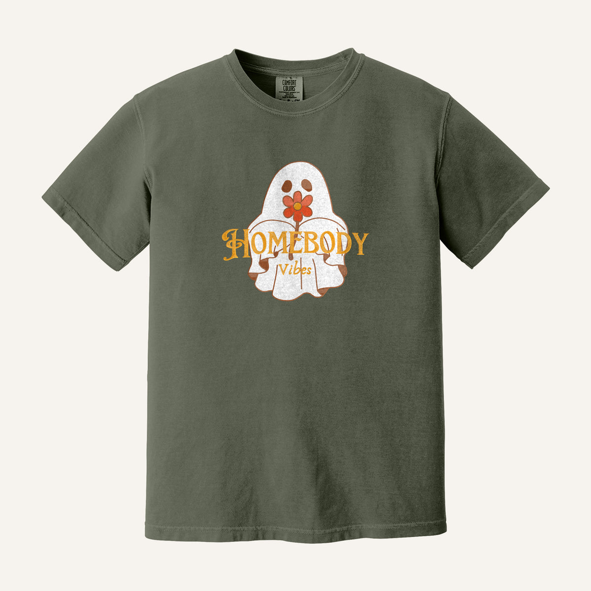 Homebody Vibes Ghost Embroidered Sweatshirt – Comfort Colors Tee in Moss