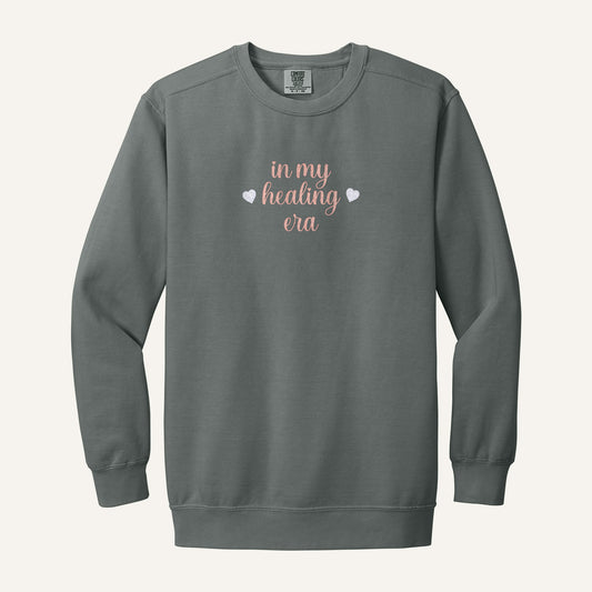 In My Healing Era Embroidered Sweatshirt – Comfort Colors Crewneck in Grey