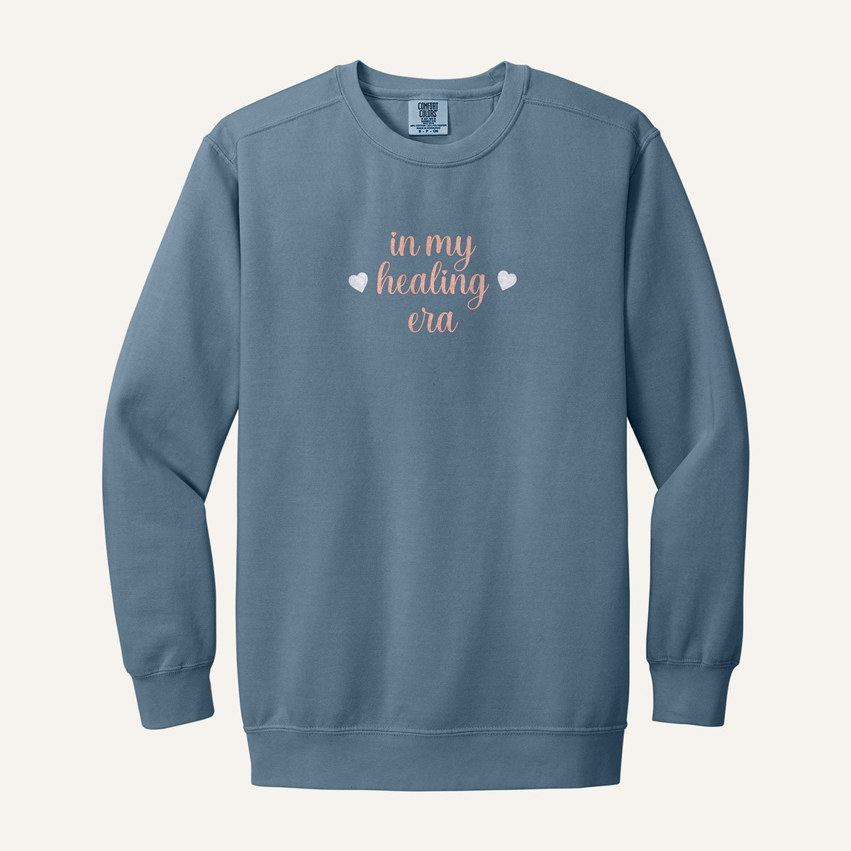In My Healing Era Embroidered Sweatshirt – Comfort Colors Crewneck in Blue Jean