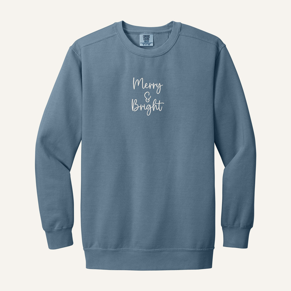 Merry and Bright Embroidered Sweatshirt – Comfort Colors Crewneck in Blue Jean