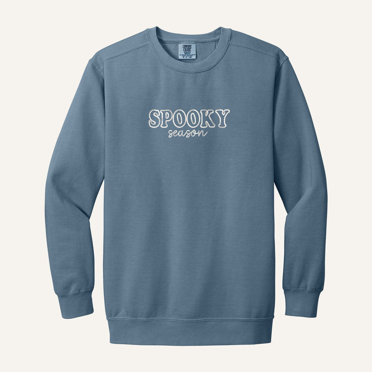Spooky Season Embroidered Sweatshirt – Comfort Colors Crewneck in Blue Jean