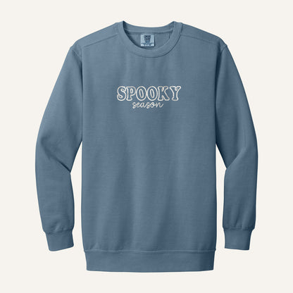 Spooky Season Embroidered Sweatshirt – Comfort Colors Crewneck in Blue Jean