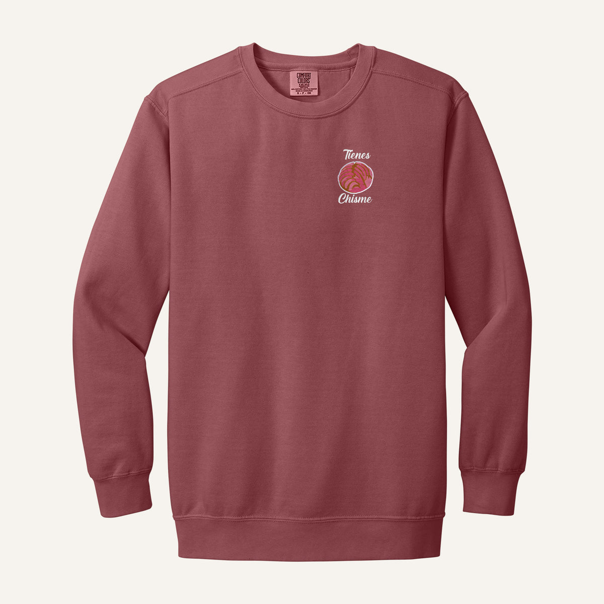 Tienes Chisme Embroidered Sweatshirt – Comfort Colors Crewneck in Crimson