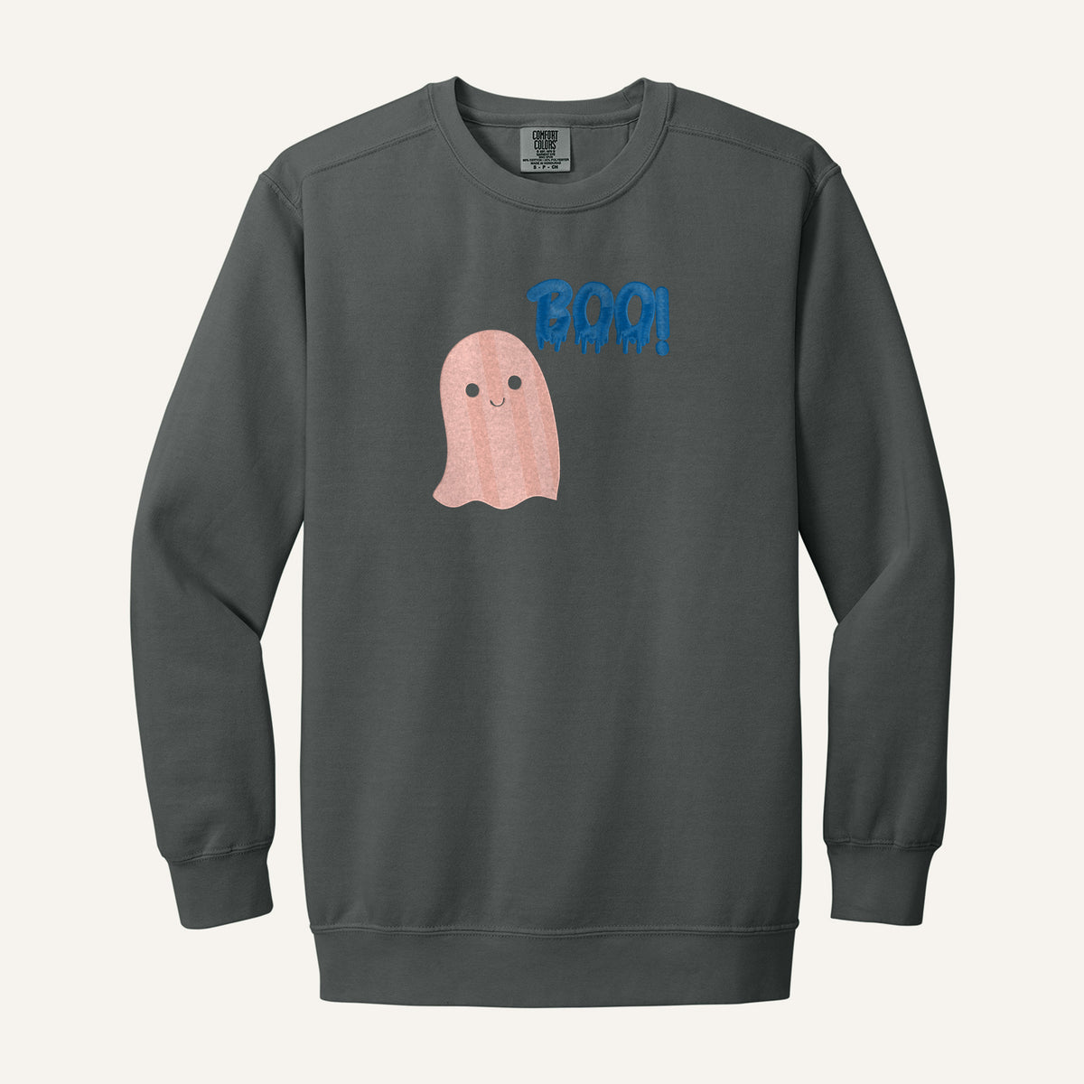 Pink Ghost Boo Embroidered Tee – Comfort Colors Crewneck in Pepper