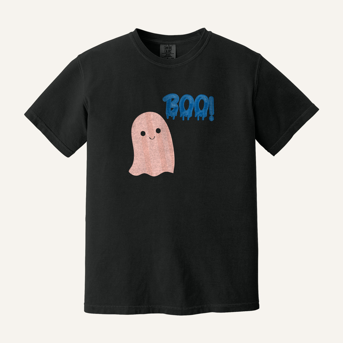 Pink Ghost Boo Embroidered Tee – Comfort Colors Tee in Black