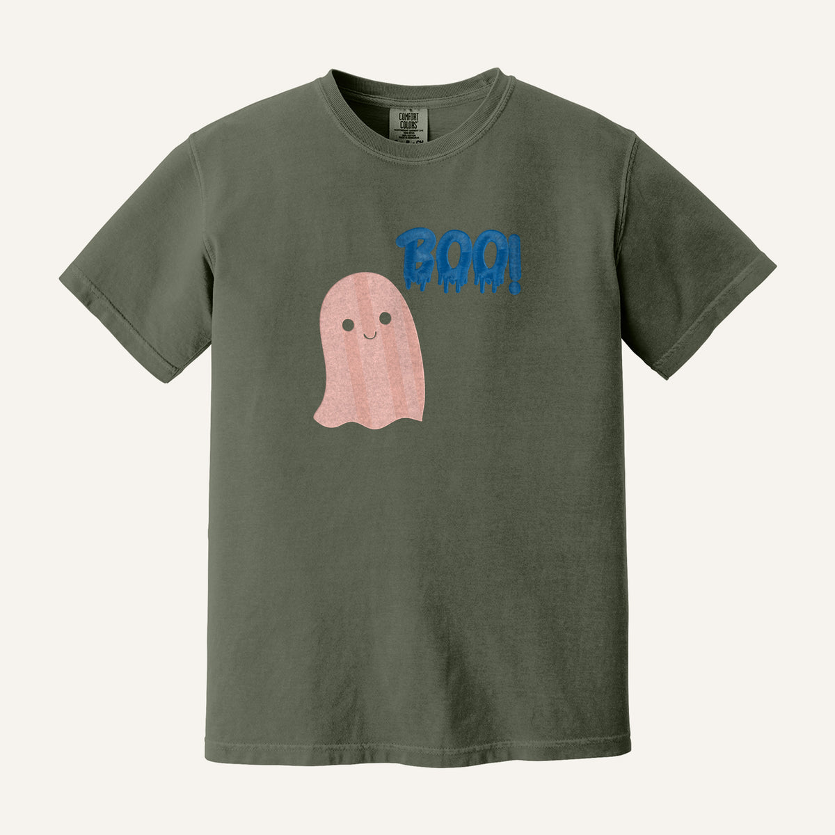 Pink Ghost Boo Embroidered Tee – Comfort Colors Tee in Moss
