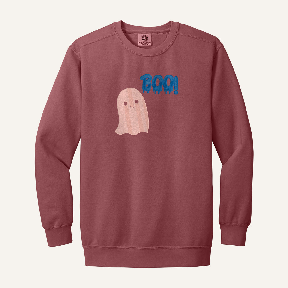 Pink Ghost Boo Embroidered Tee – Comfort Colors Crewneck in Crimson