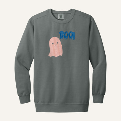 Pink Ghost Boo Embroidered Tee – Comfort Colors Crewneck in Grey