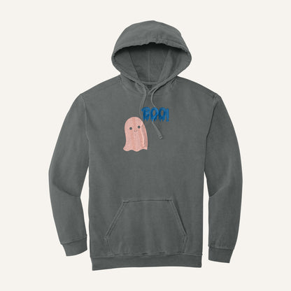 Pink Ghost Boo Embroidered Tee – Comfort Colors Hoodie in Grey