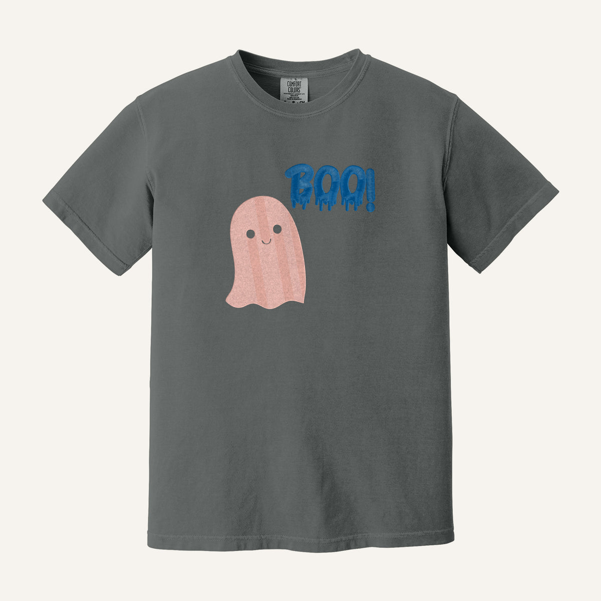 Pink Ghost Boo Embroidered Tee – Comfort Colors Tee in Pepper