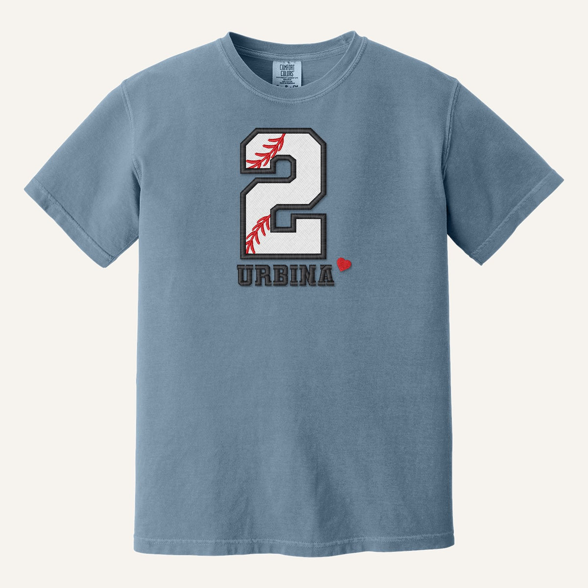 Baseball Number and Name Embroidered Shirt – Baseball Mom Stitch Collar – Comfort Colors Tee in Blue Jean
