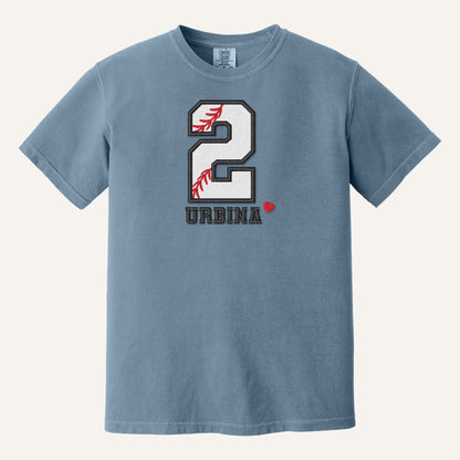 Baseball Number and Name Embroidered Shirt – Baseball Mom Stitch Collar – Comfort Colors Tee in Blue Jean