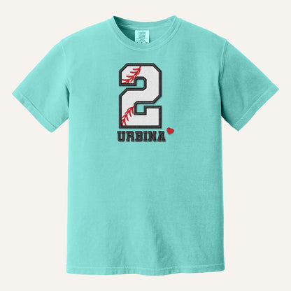Baseball Number and Name Embroidered Shirt – Baseball Mom Stitch Collar – Comfort Colors Tee in Chalky Mint