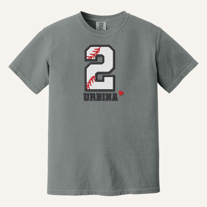 Baseball Number and Name Embroidered Shirt – Baseball Mom Stitch Collar – Comfort Colors Tee in Grey