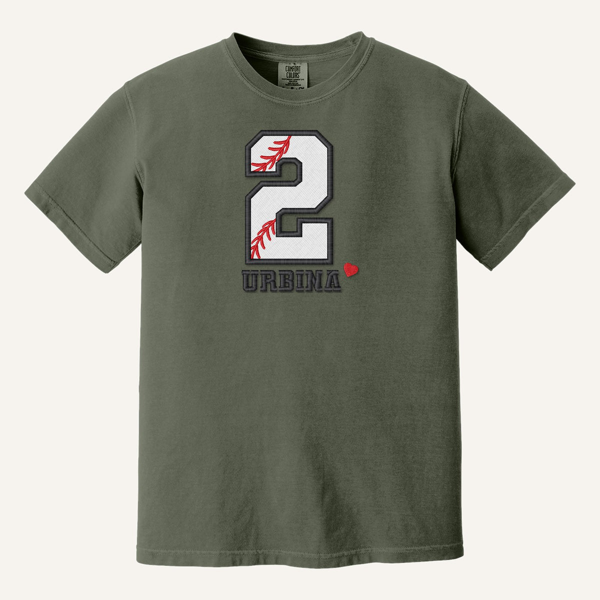 Baseball Number and Name Embroidered Shirt – Baseball Mom Stitch Collar – Comfort Colors Tee in Moss