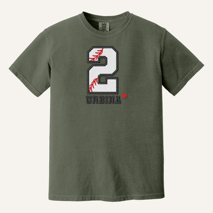 Baseball Number and Name Embroidered Shirt – Baseball Mom Stitch Collar – Comfort Colors Tee in Moss