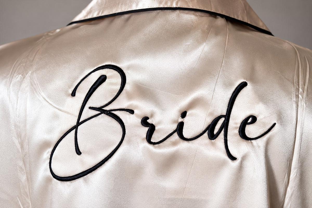 Bride Satin Shirt or Robe – Embroidered Bride Getting Ready Robe – close-up detail