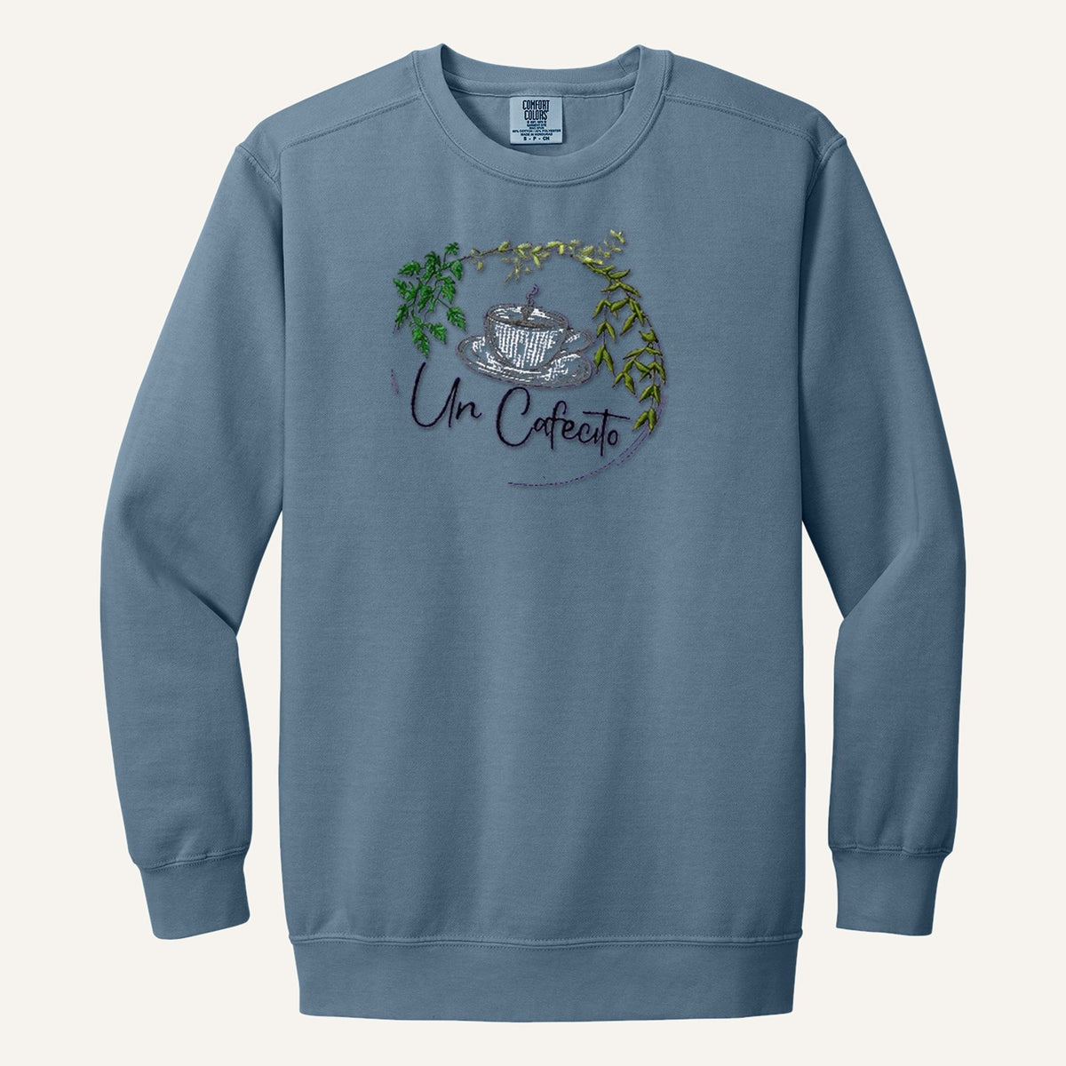 Un Cafecito Embroidered Tee – Coffee Lover Shirt – Comfort Colors Crewneck in Blue Jean