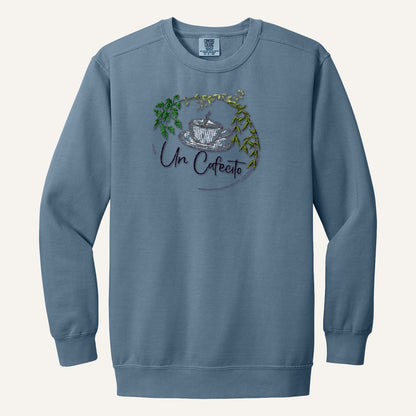 Un Cafecito Embroidered Tee – Coffee Lover Shirt – Comfort Colors Crewneck in Blue Jean