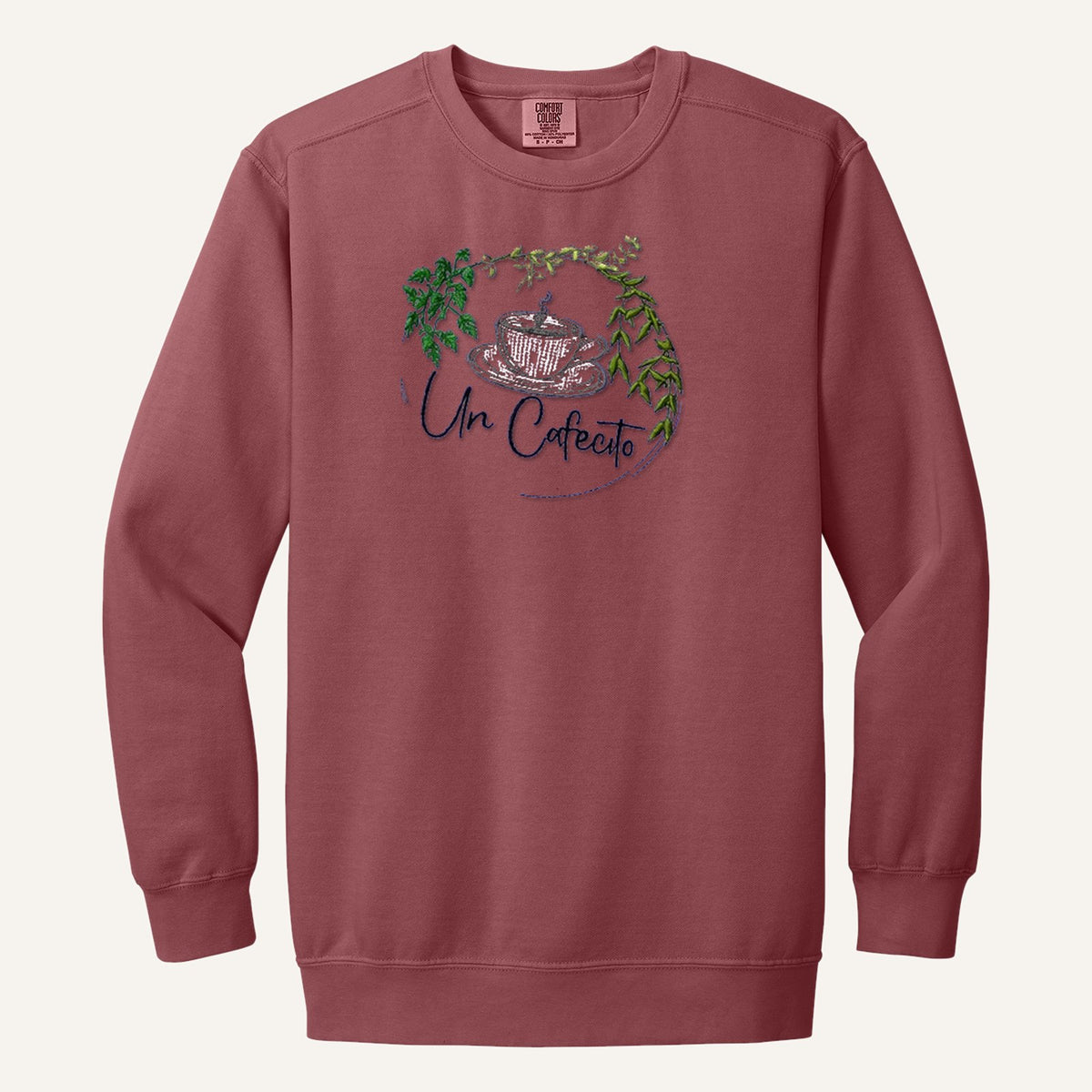 Un Cafecito Embroidered Tee – Coffee Lover Shirt – Comfort Colors Crewneck in Crimson