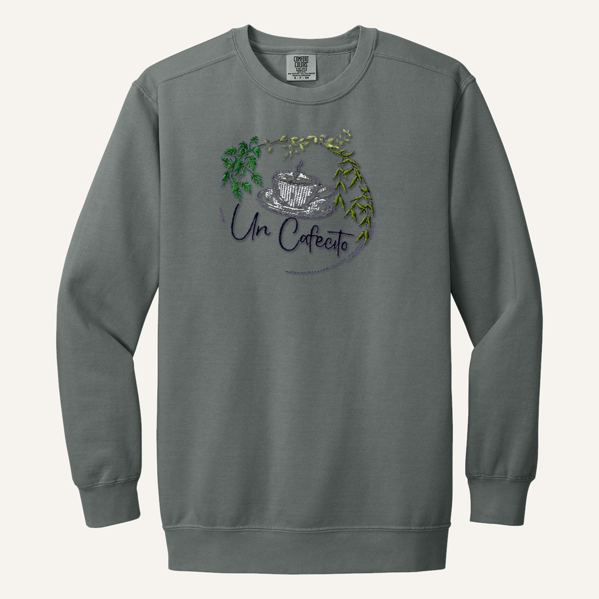 Un Cafecito Embroidered Tee – Coffee Lover Shirt – Comfort Colors Crewneck in Grey