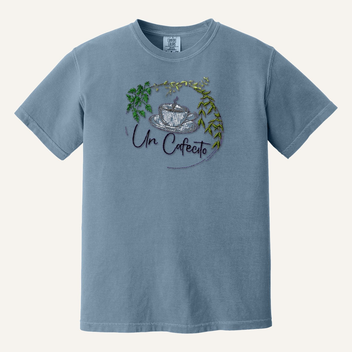 Un Cafecito Embroidered Tee – Coffee Lover Shirt – Comfort Colors Tee in Blue Jean