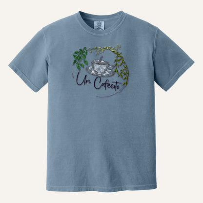 Un Cafecito Embroidered Tee – Coffee Lover Shirt – Comfort Colors Tee in Blue Jean