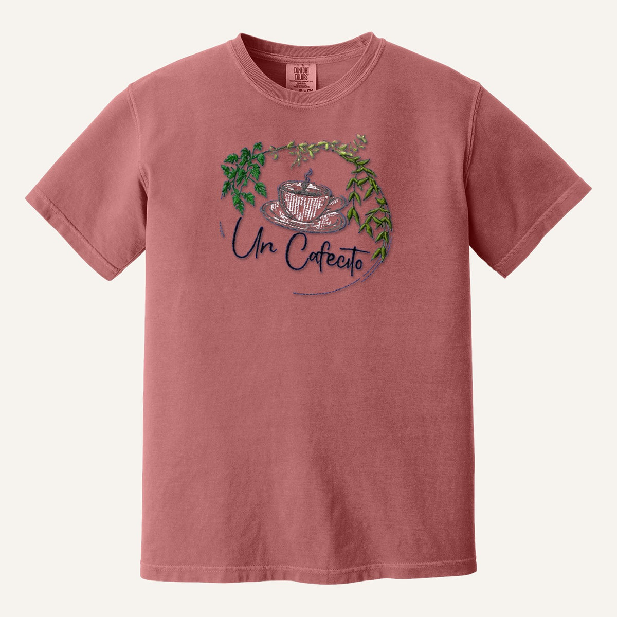 Un Cafecito Embroidered Tee – Coffee Lover Shirt – Comfort Colors Tee in Crimson