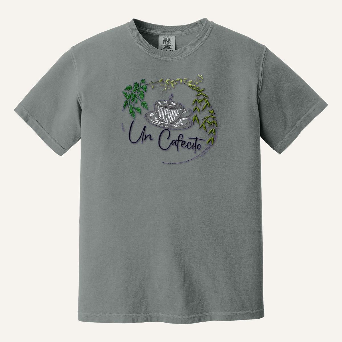 Un Cafecito Embroidered Tee – Coffee Lover Shirt – Comfort Colors Tee in Grey